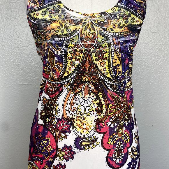 Vtg Y2K Bedazzled Rhinestone Lace Back Paisley Summer Mini Dress Mcbling Fairy - Picture 10 of 16